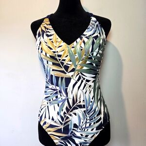 Hurley Tropical Palm Tree Criss Cross Back One Piece Bathing Suit Medium